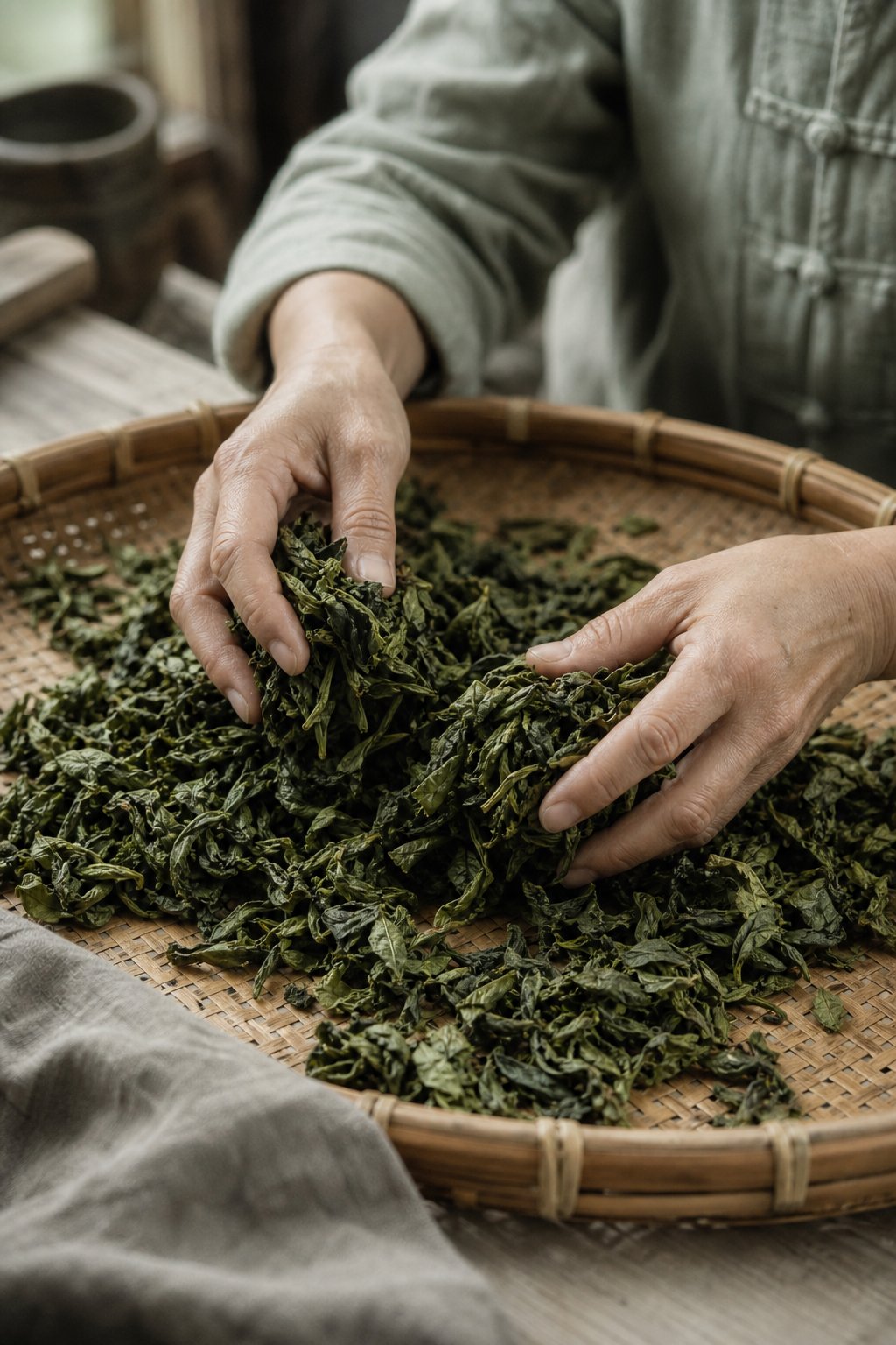 茶人雙手在竹篩上翻動茶葉