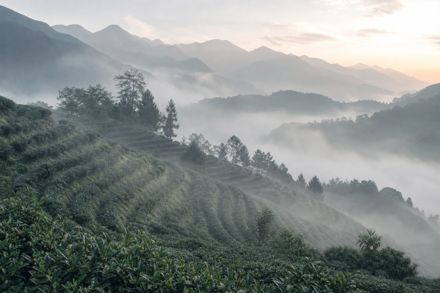 清晨霧氣中層層排列的坪林茶園
