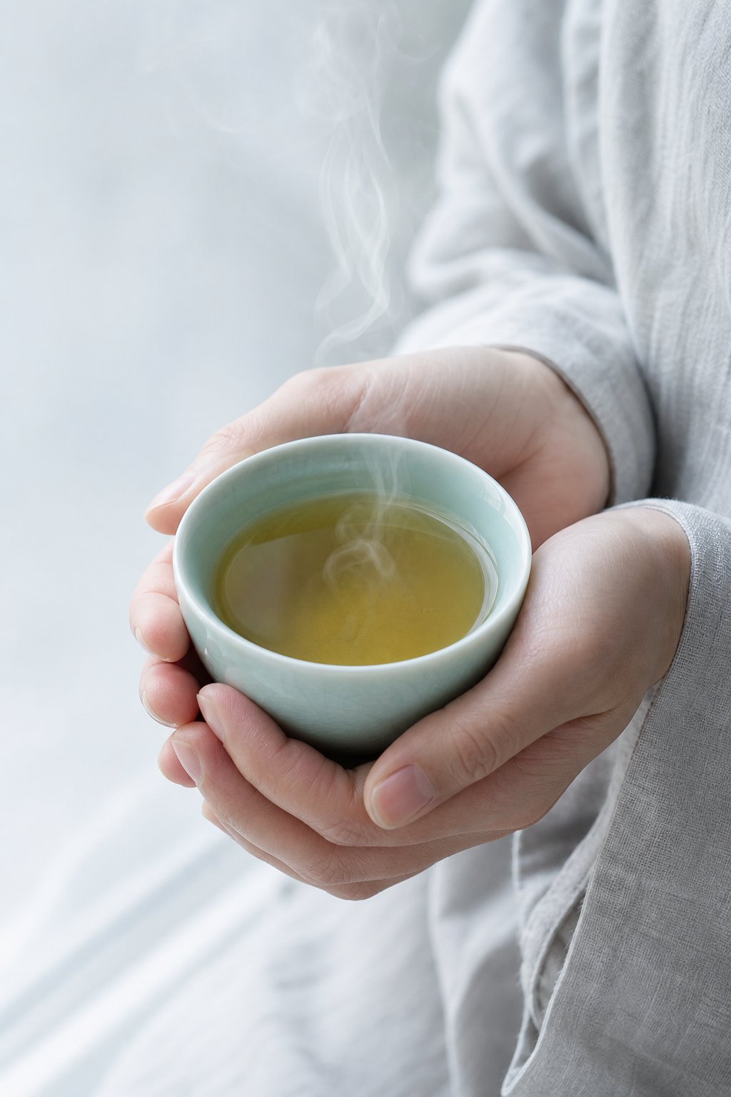 雙手捧著一杯冒著熱氣的烏龍茶