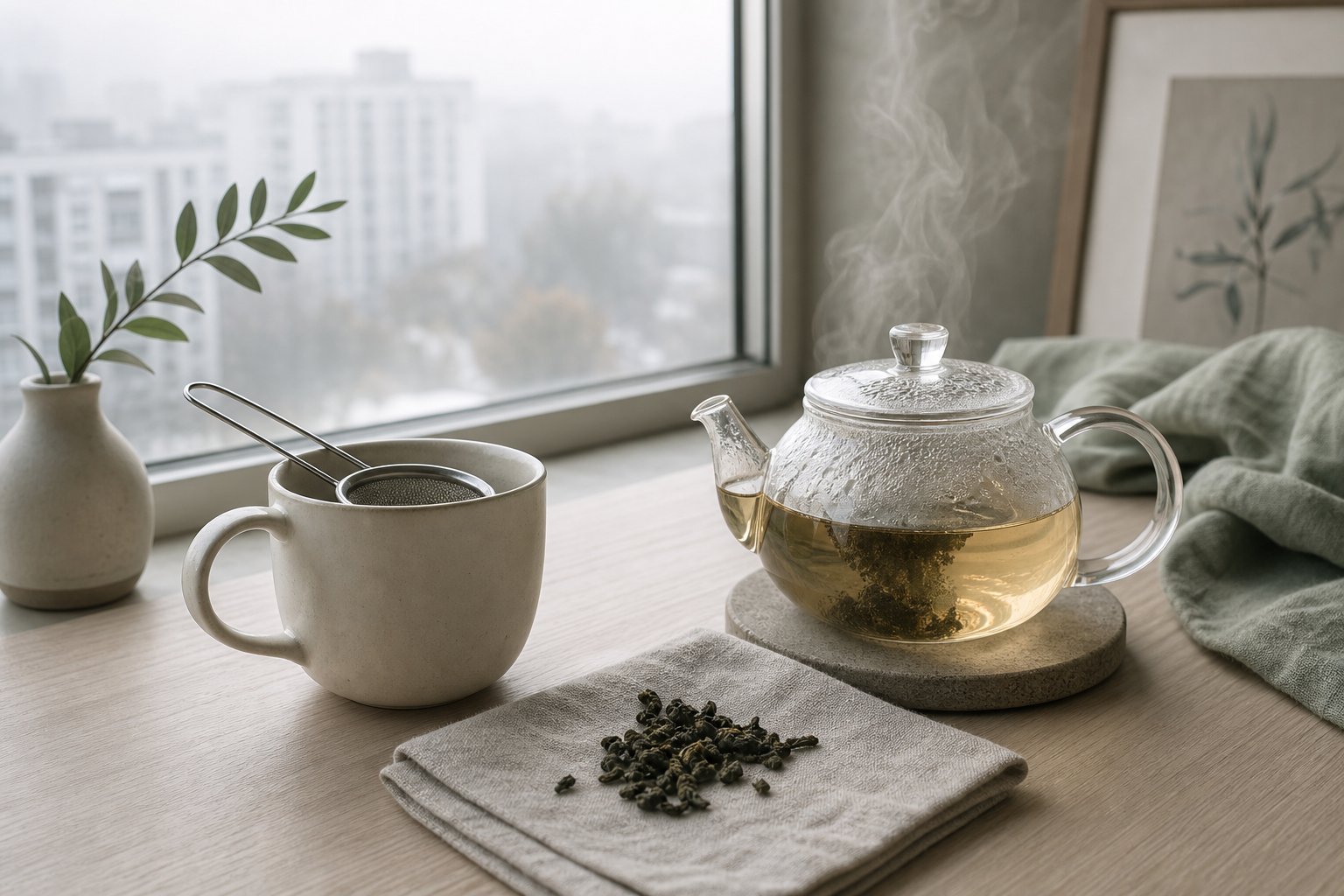 窗邊桌上的馬克杯、濾茶器與冒著熱氣的水壺