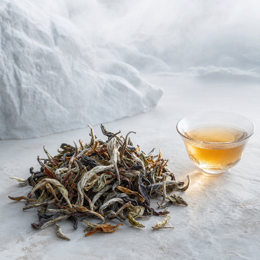 東方美人茶的多色條索茶葉與琥珀色茶湯